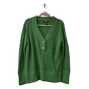Eddie Bauer Women XL Green Henley Waffle Knit Sweater Y2K Outdoors Angora Blend